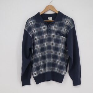 Underwood Vintage Mens Navy Blue Plaid Polo Knit Sweater Wool Blend Size M
